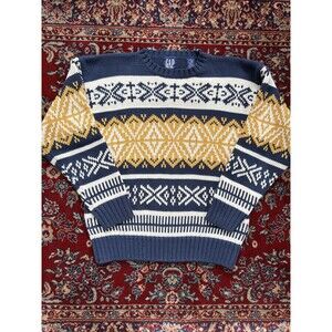 VINTAGE Gap Sweater Men’s M Blue Yellow Chunky Knit Wool Nordic Birdseye
